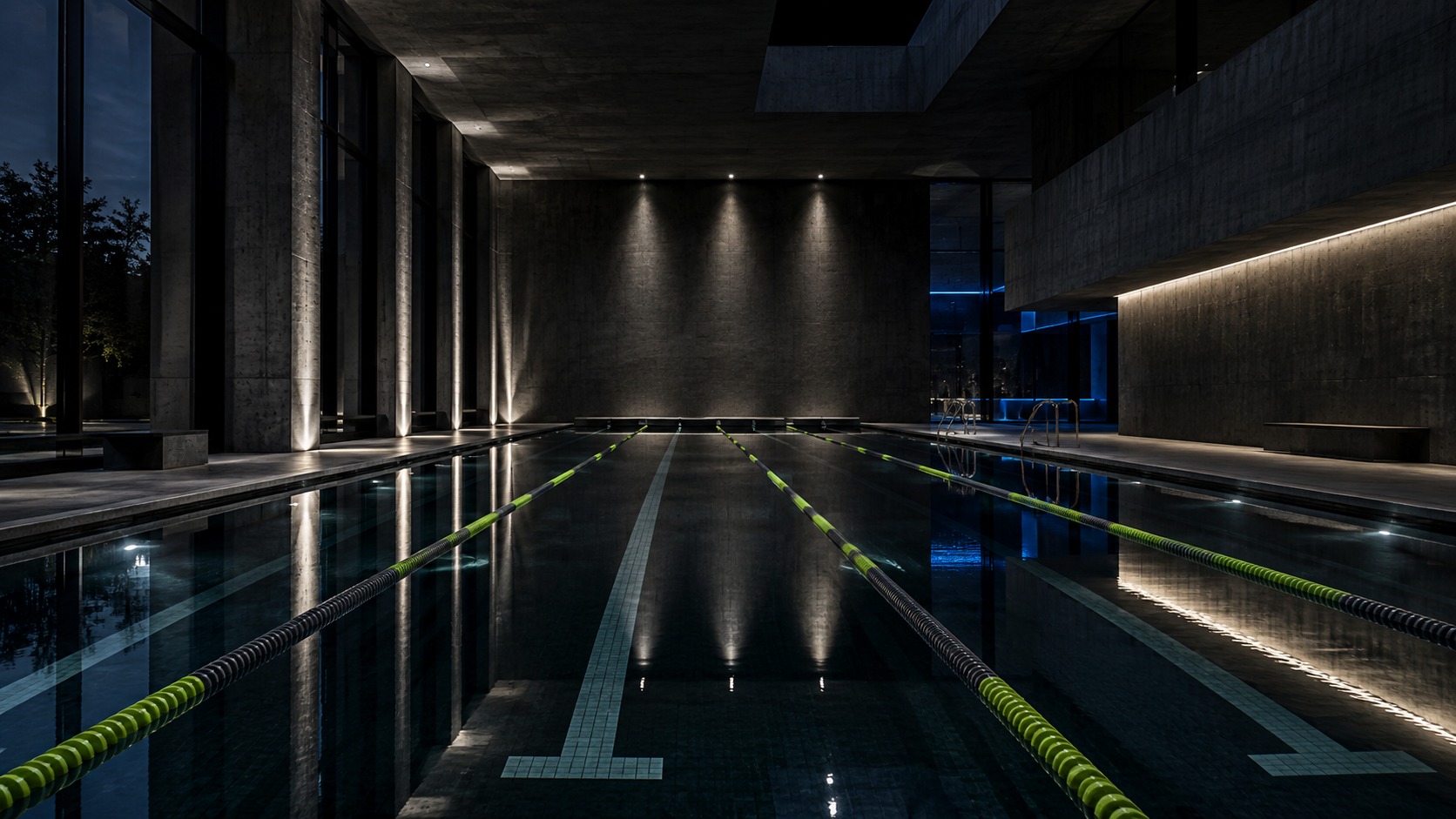 An empty indoor pool after dark