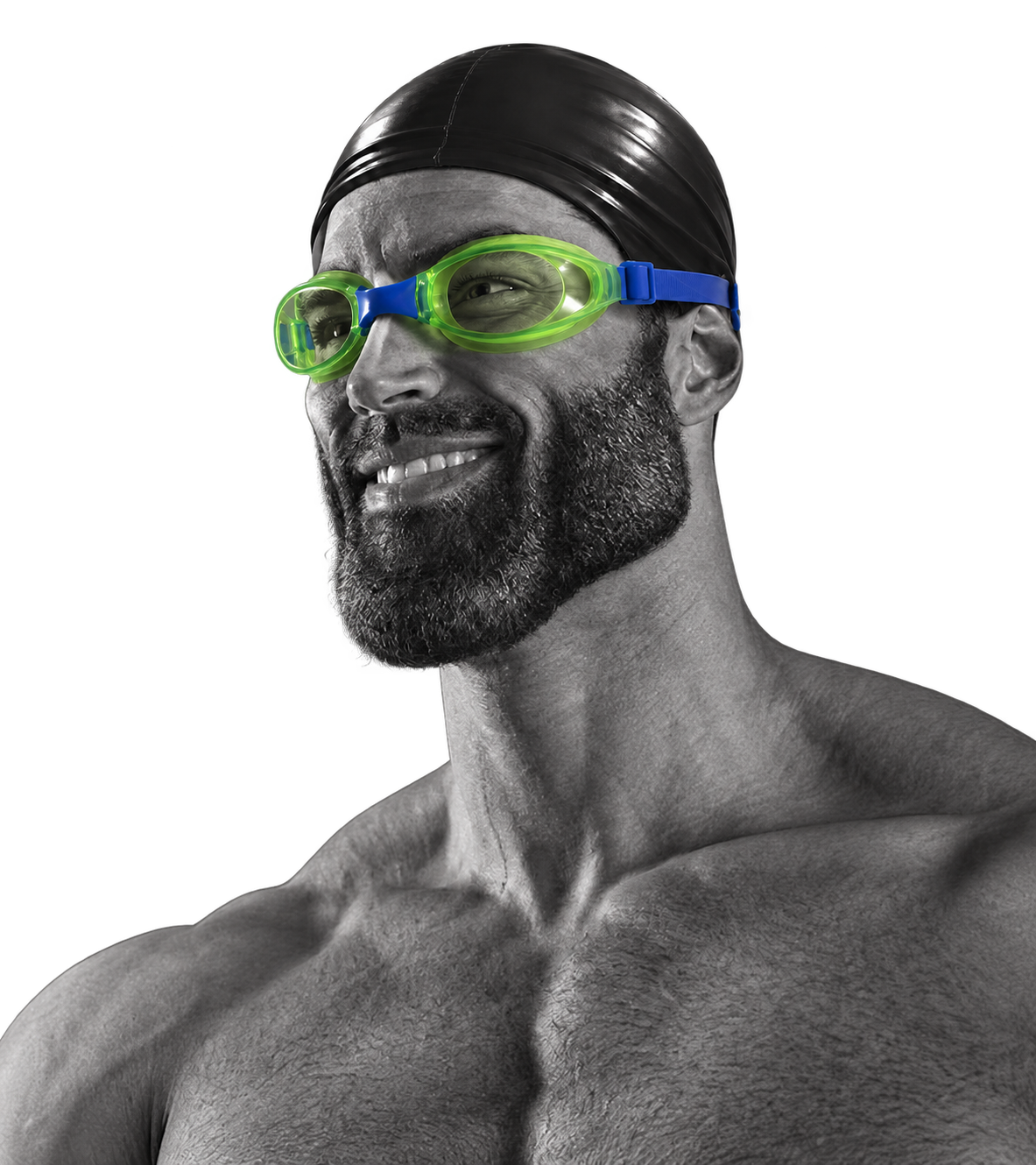 GIGA NAS wearing a black swimming cap and tiny green goggles